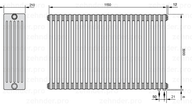 Схема (чертеж) Радиатор Zehnder Charleston 6300/25 №5510 Белый глянцевый RAL 9016